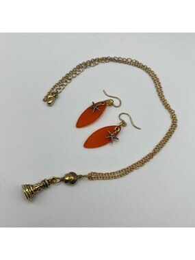 Gold Lighthouse Pendant Necklace & Orange Starfish Earrings Set Beach-Inspired J